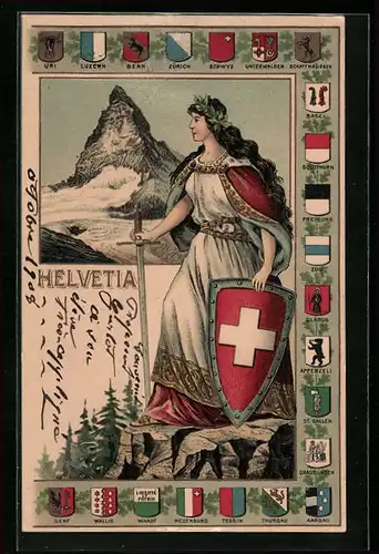 Präge-AK Schweiz, Helvetia mit Schild und Schwert, Wappen der Kantone