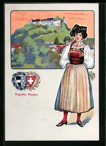 Künstler-AK Schweiz, Aargauerin in Tracht, Wappen