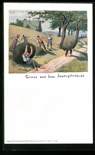 Lithographie Schweiz, Gruss aus dem Appenzellerlande, Heuernte