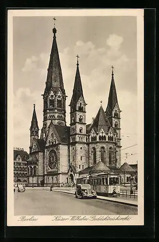 AK Berlin-Charlottenburg, Kaiser-Wilhelm-Gedächtniskirche, Strassenbahn