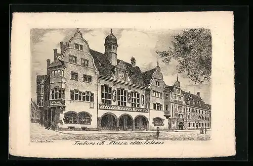 Künstler-AK Freiburg i. B., Neues und altes Rathaus