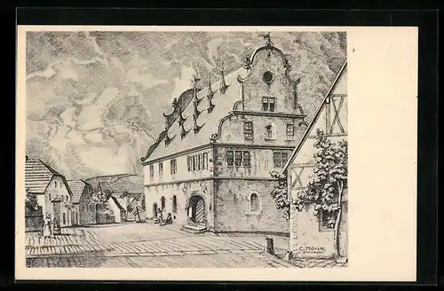 Künstler-AK Bürgstadt /Main, Ortspartie mit Rathaus