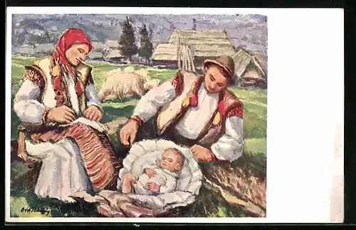 Künstler-AK Bauernpaar mit Kleinkind auf Weide in ukrainischen Trachten