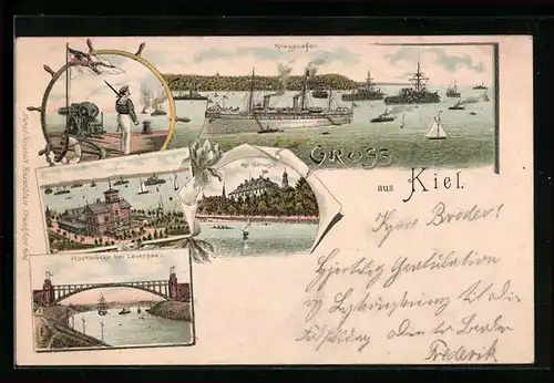 Lithographie Kiel, Kriegshafen, Hochbrücke b. Levensau, Kgl. Schloss