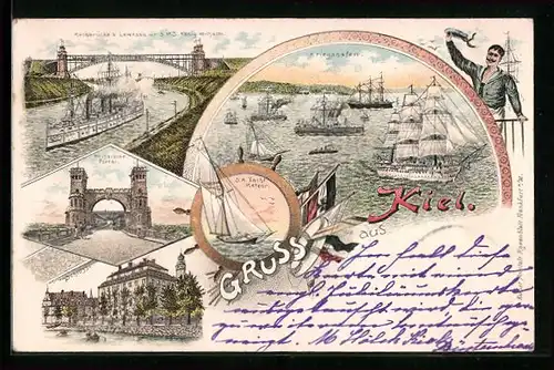 Lithographie Kiel, S. M. Yacht Meteor, Hochbrücke Portal, Schloss
