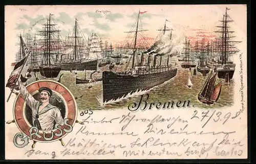 Lithographie Bremen, Partie aus dem Freihafen, Matrose mit Flagge