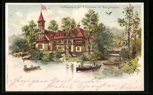 Lithographie Bremen, Caffeehaus am Emmasee im Bürgerpark
