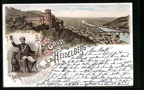 Lithographie Heidelberg, Stadtpanorama, Mann in Uniform mit Bierhumpen