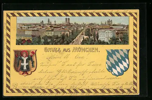 AK München, Panorama der Stadt, Wappen