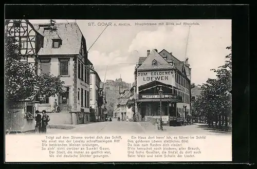 AK St. Goar a. Rhein, Gasthaus zum goldenen Löwen, Bes. Carl Jung, Hauptstrasse mit Blick auf Rheinfels