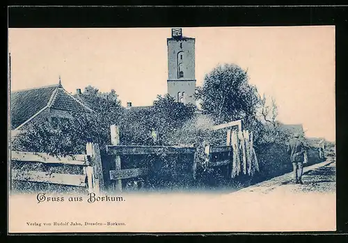 AK Borkum, Blick über den Zaun auf den alten Leuchtturm