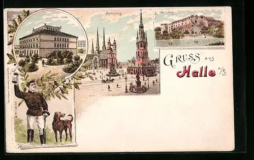 Lithographie Halle a. S., Marktplatz, Universität und Moritzburg