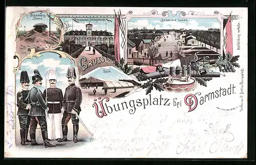 Lithographie Darmstadt, Übungsplatz, Sicherheitsstand, Preussisches Stabsgebäude