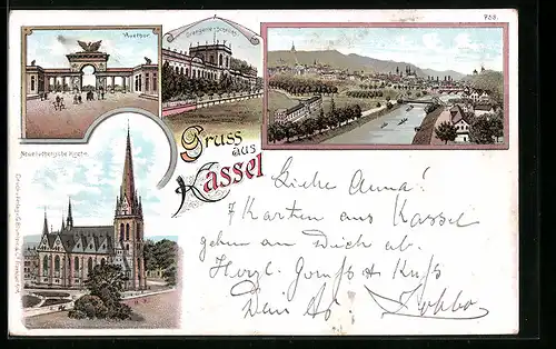 Lithographie Kassel, Auethor, Orangerie-Schloss, neue luth. Kirche