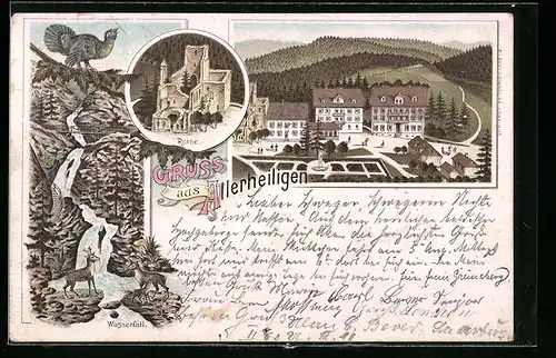 Lithographie Allerheiligen, Ortspartie, Ruine, Wasserfall