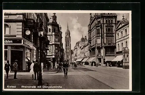 AK Krefeld, Rheinstrasse mit Apotheke und Dionysiuskirche