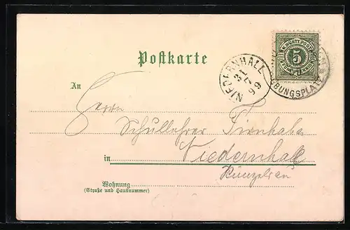 Lithographie Hardt b. Münsingen, Hotel Fezer, Dampfbäckerei G. Müller, Verwaltungsgebäude und Wache, Ludwigshöhe