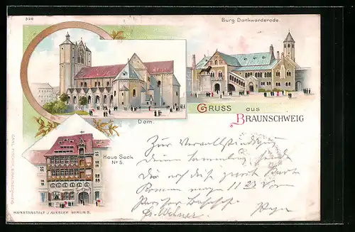 Lithographie Braunschweig, Burg Dankwarderode, Dom, Haus Sack No. 5