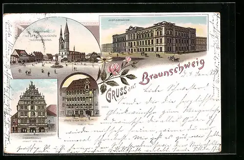 Lithographie Braunschweig, Gewandhaus, Justizgebäude, Haus Sack No. 5