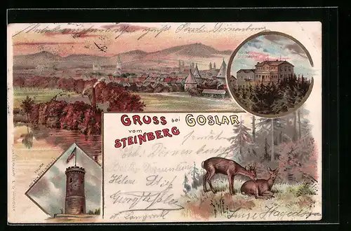 Lithographie Goslar, Hotel Steinberg, Turm, Rehbock und Reh