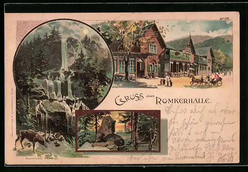 Lithographie Oker, Gasthaus Romkerhalle, Wasserfall, Ortspartie