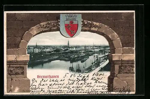 AK Bremerhaven, Teilansicht durch Torbogen, Wappen, Passepartout