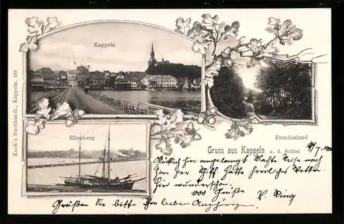 AK Kappeln a. d. Schlei, Uferpartie mit Brücke, Ellenberg, Freudenlund