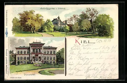 Lithographie Kiel, Schlossgarten und Schloss, Universität