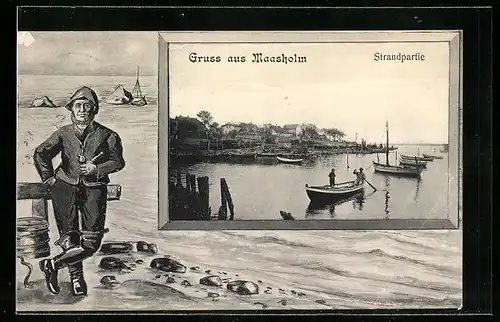 AK Maasholm, Strandpartie mit Booten, Fischer
