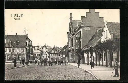 AK Husum, Strasse Zingel mit Blunck`s Hotel und Gasthaus Lorenz Paulsen