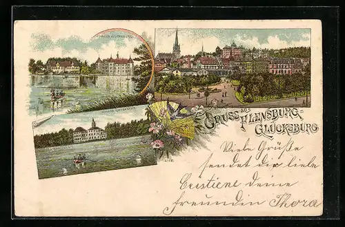 Lithographie Flensburg-Glücksburg, Ortspartie, Schloss Glücksburg, Schloss Gravenstein