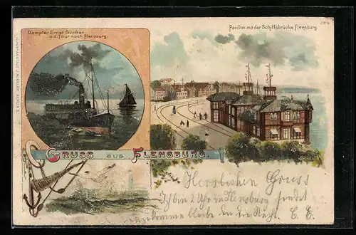 Lithographie Flensburg, Pavillon mit der Schiffsbrücke Flensburg, Dampfer Ernst Günther a. d. Tour nach dem Ort