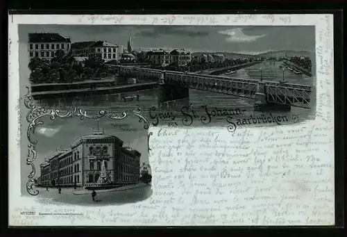 Mondschein-Lithographie Saarbrücken-St. Johann, Bergwerks-Direktion, Uferpartie mit Brücke