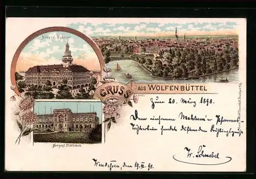 Lithographie Wolfenbüttel, Teilansicht, Herzogliches Schloss, Herzogliche Bibliothek