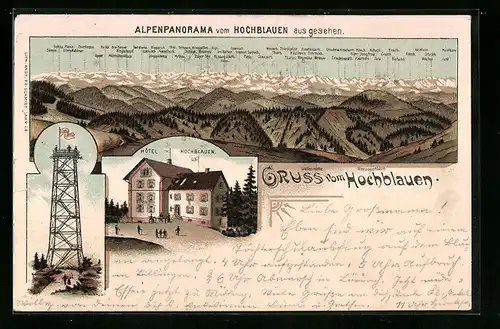 Lithographie Hochblauen, Hotel Hochblauen, Aussichtsturm, Alpenpanorama mit Sardona, Tödi und Mythen