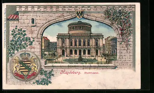 Lithographie Magdeburg, Stadttheater, Wappen, Passepartout