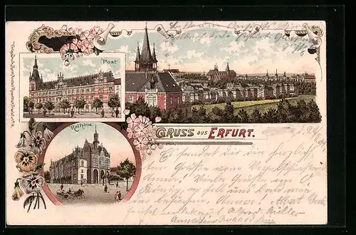Lithographie Erfurt, Teilansicht, Rathaus, Post