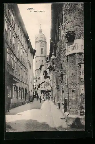 AK Jena, Strasse Rathausgasse mit Gasthaus Ratskeller