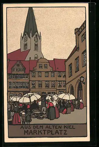Steindruck-AK Alt-Kiel, Marktplatz mit Markt