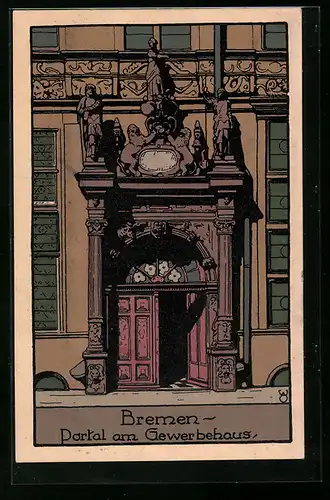 Steindruck-AK Bremen, Portal am Gewerbehaus
