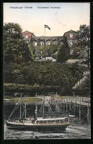 AK Hohenau, Ostseebad, Uferpartie mit Dampfboot, Flensburger Föhrde