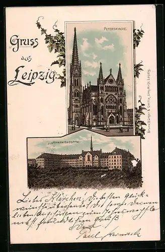 Lithographie Leipzig, Johannishospital, Peterskirche