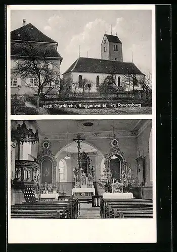 Foto-AK Ringgenweiler /Kr. Ravensburg, Kath. Pfarrkirche mit Nebengebäude und Innenansicht