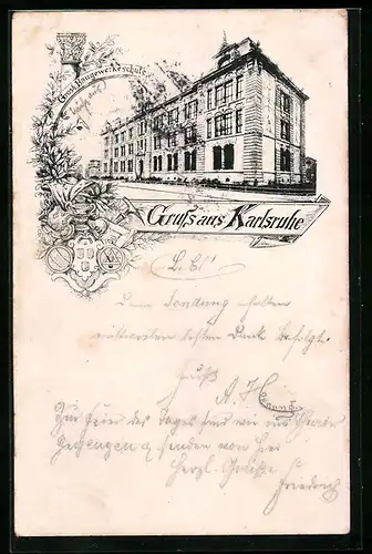 AK Karlsruhe, Grossh. Baugewerkschule mit Strasse, Wappen