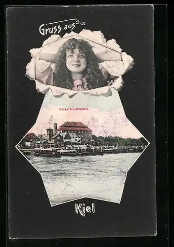 Passepartout-AK Kiel, Seegarten-Brücken vom Wasser gesehen, Junges Mädchen
