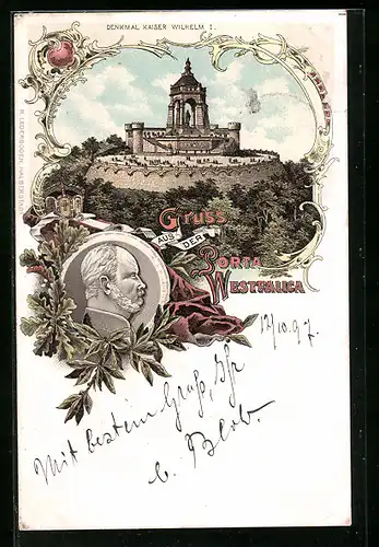 Lithographie Porta Westfalica, Denkmal und Portrait Kaiser Wilhelm I.