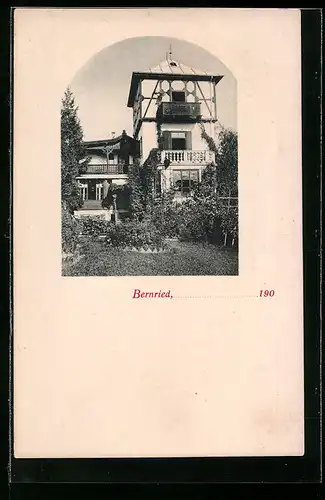 AK Bernried, Gebäude mit Turm und Balkonen, Gartenansicht