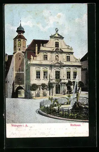 Relief-AK Wangen i. A., Rathaus, Kirche und Springbrunnen, Ortspartie