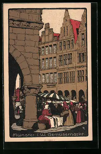 Steindruck-AK Münster i. W., Gemüsemarkt, Marktfrauen