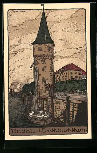 Steindruck-AK Lindau i. B., Alter Leuchtturm, Segelboot